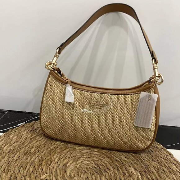 Coach Teri 2way Shoulder Bag Crossbody Straw Smooth Leather Latte Multi CR350 - Picture 1 of 7